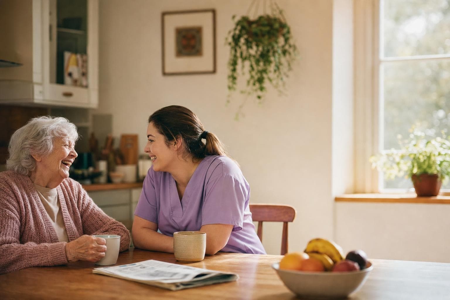 A care provider and an older adult talking together at a kitchen table at home