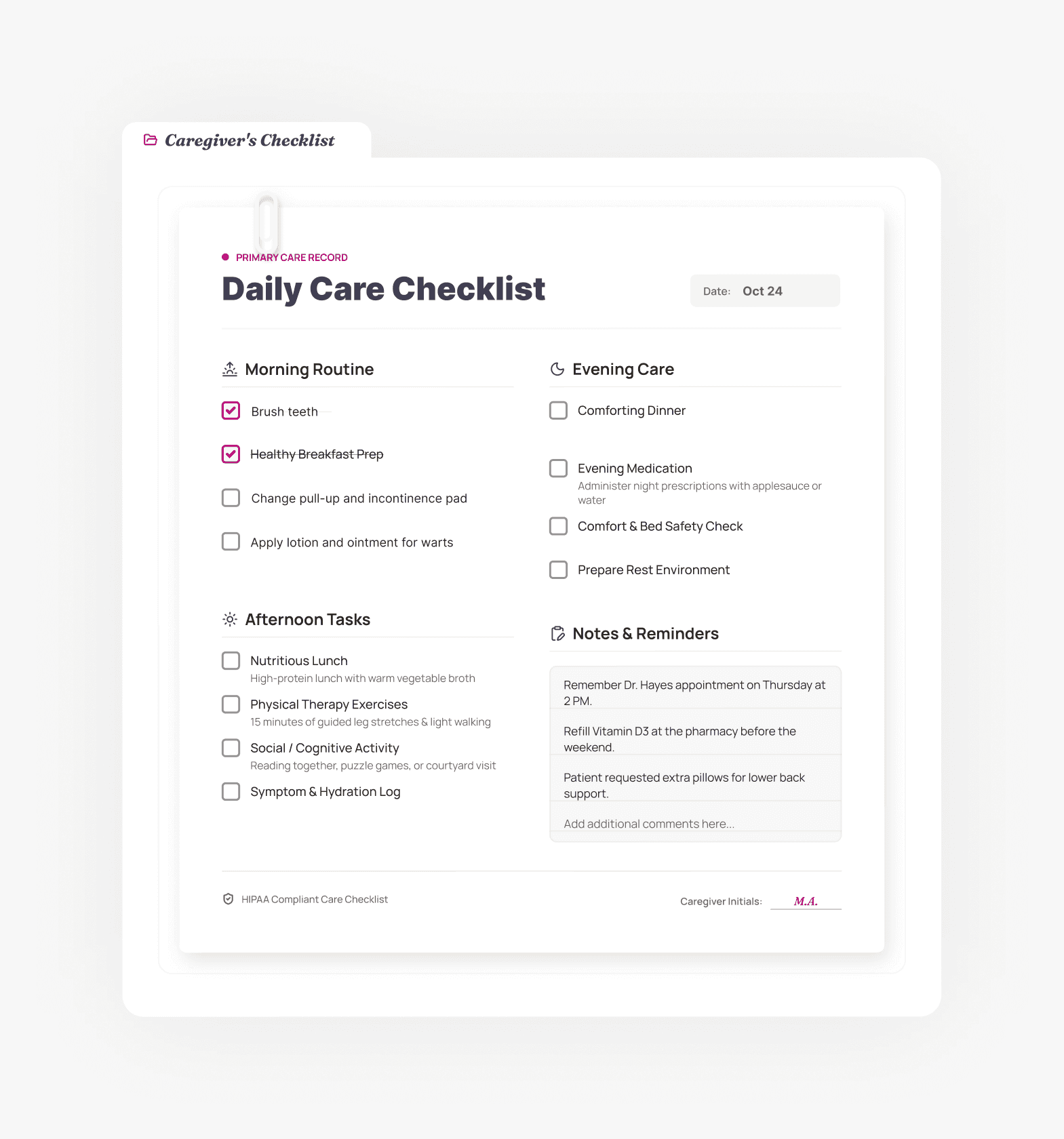 A care plan sitting unopened in a file, beside the task list a care provider actually receives