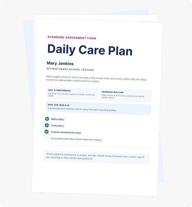 A daily care plan document produced from one client's assessment
