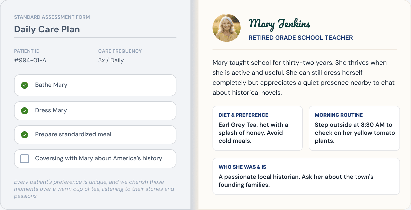 A standard assessment form's generic checklist beside Mary Jenkins' personal profile: her routines, preferences and who she was before
