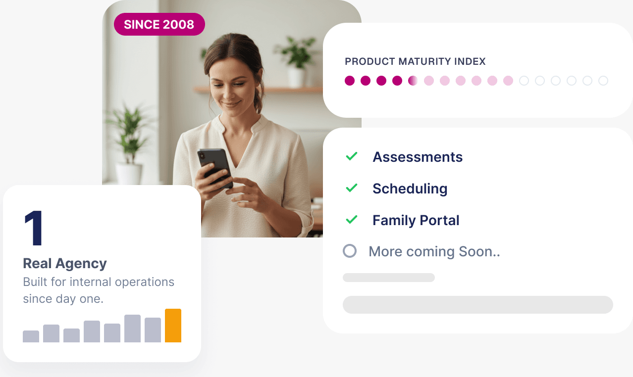 One real agency since 2008: the product maturity index with assessments, scheduling and the family portal live, and more coming soon